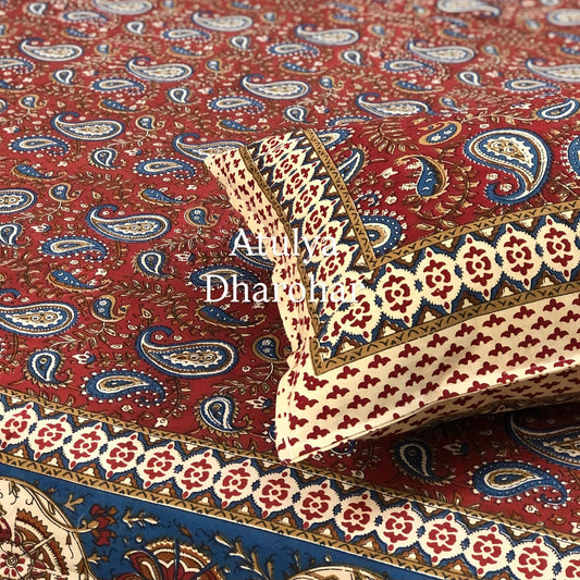 Maroon & Blue Kalamkari Cotton King Size Bedsheet