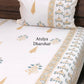 Teal and Golden Brown Floral Motifs Percale Cotton Hand Block Super King Bedsheet