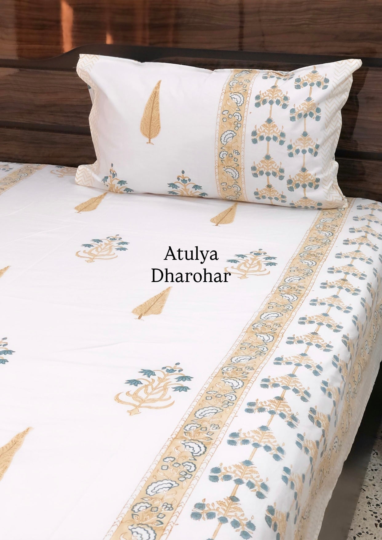 Teal and Golden Brown Floral Motifs Percale Cotton Hand Block Super King Bedsheet