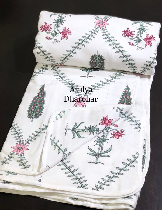 Pink and Grey Mughal Jaal Mulmul Double Bed Dohar