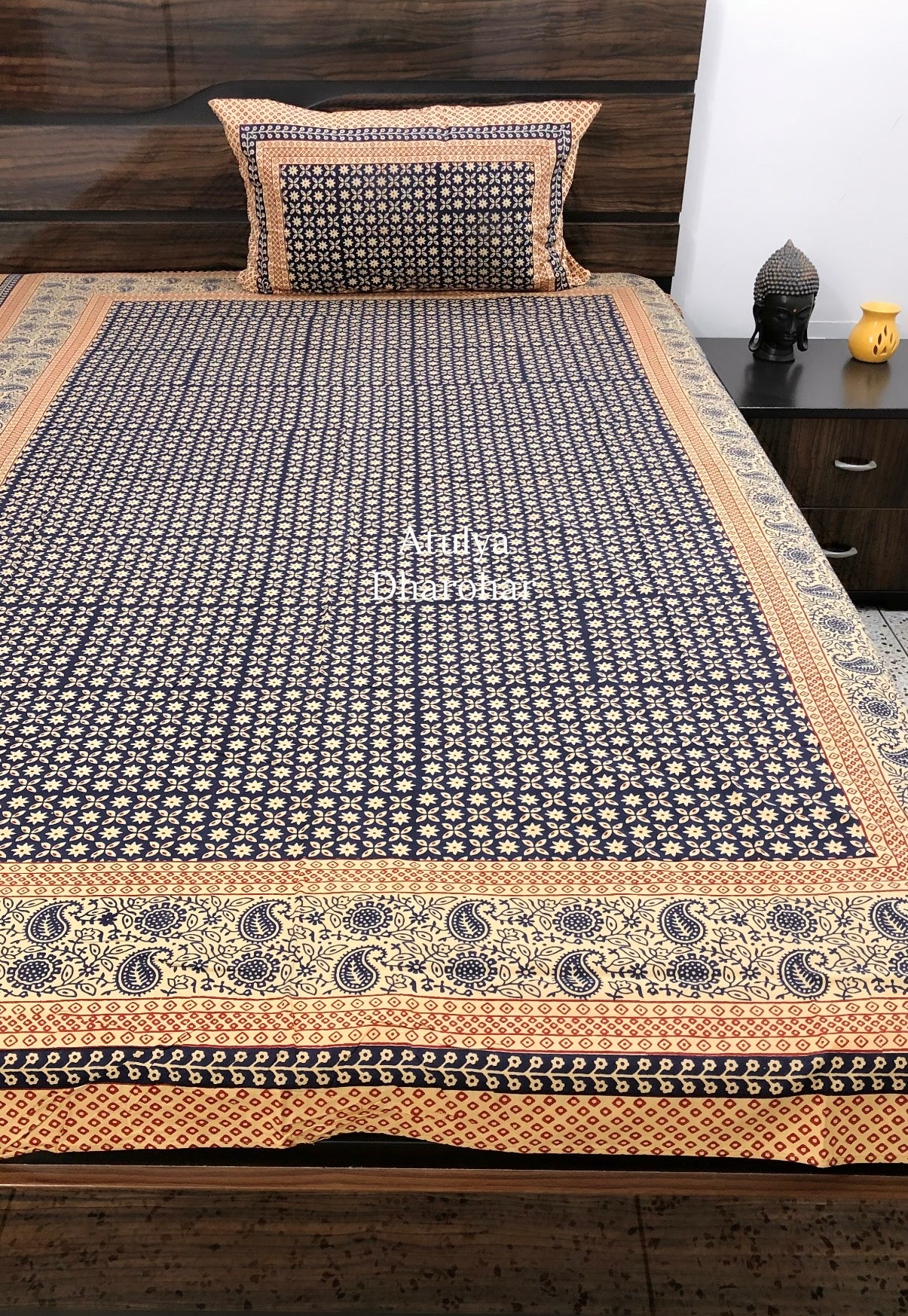 Indigo Kalamkari Single Cotton Bedsheet