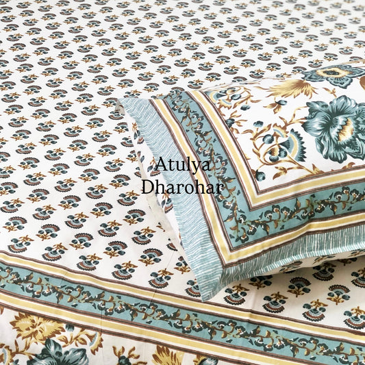 Turquoise and Yellow Floral Jaal Super King Cotton Bedsheet