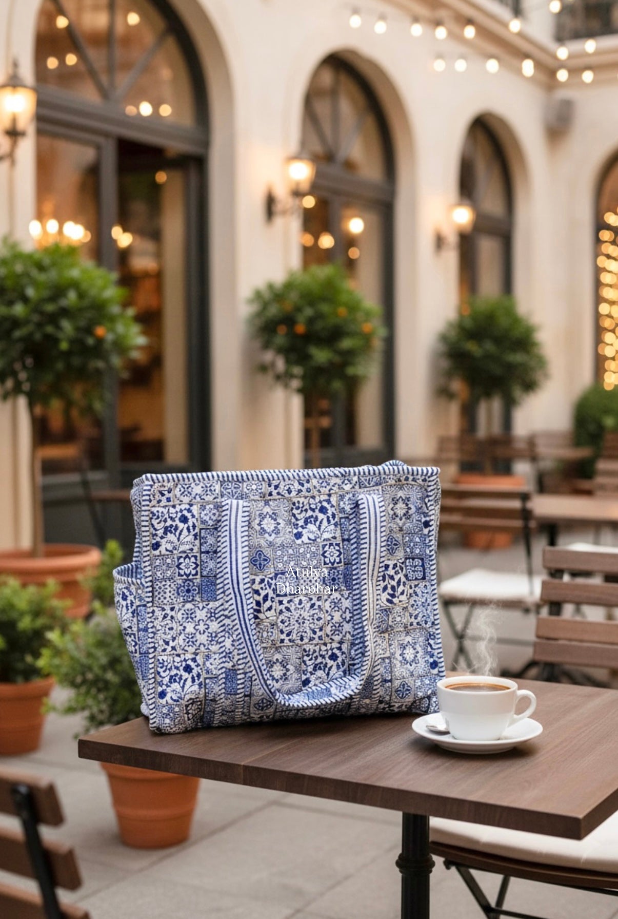 Blue Patchwork Look Medium Tote Bag with Zip