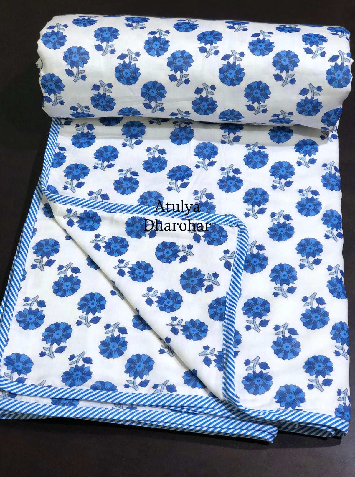 Blue Floral Motifs Mulmul Double Bed Dohar