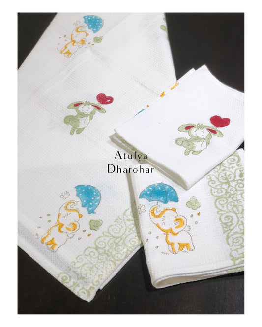 Playing Elephant & Bunny Kids Hand Block Towel Set
