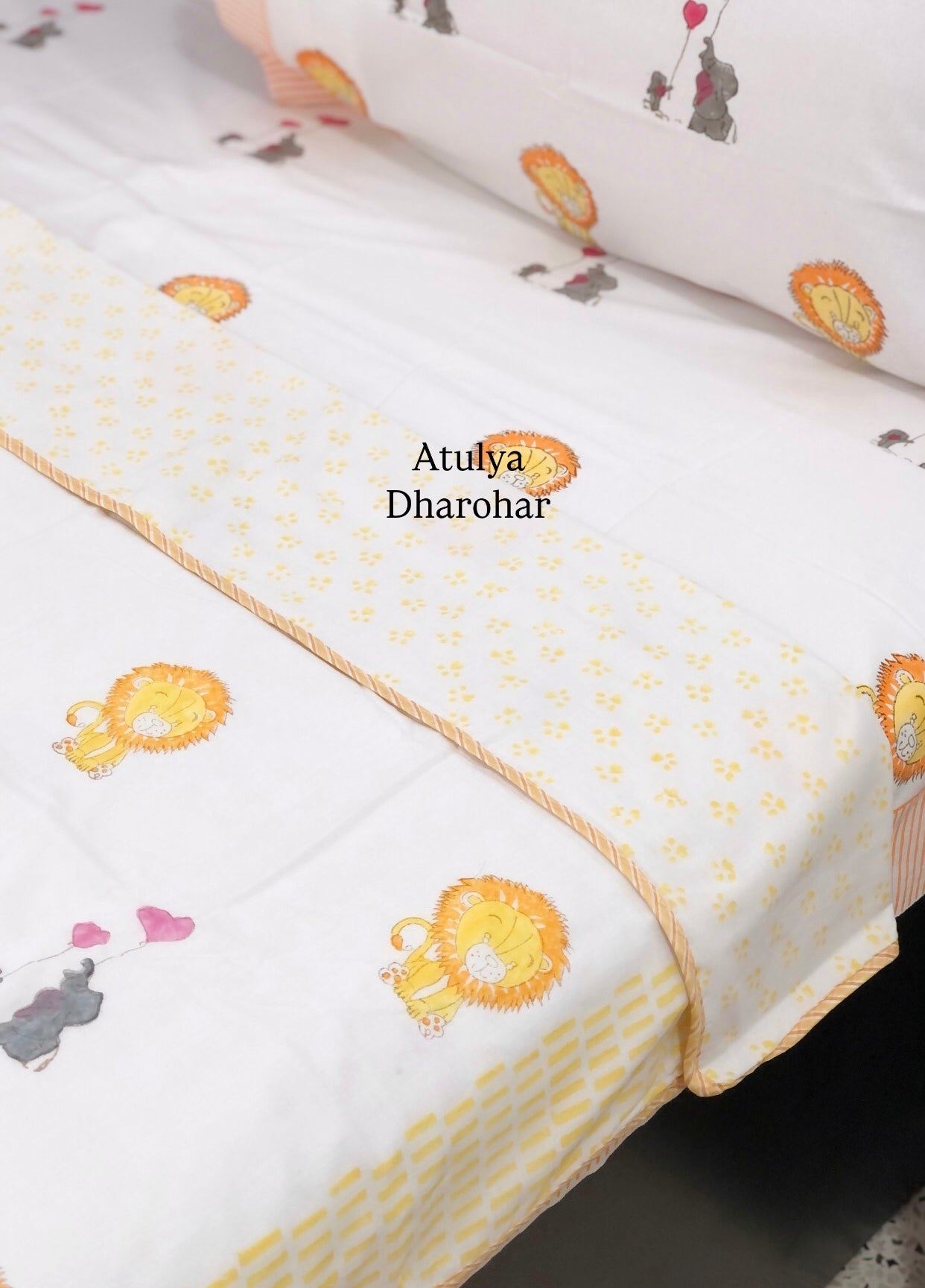 Lion and Elephant Hand Block Mulmul Baby Dohar