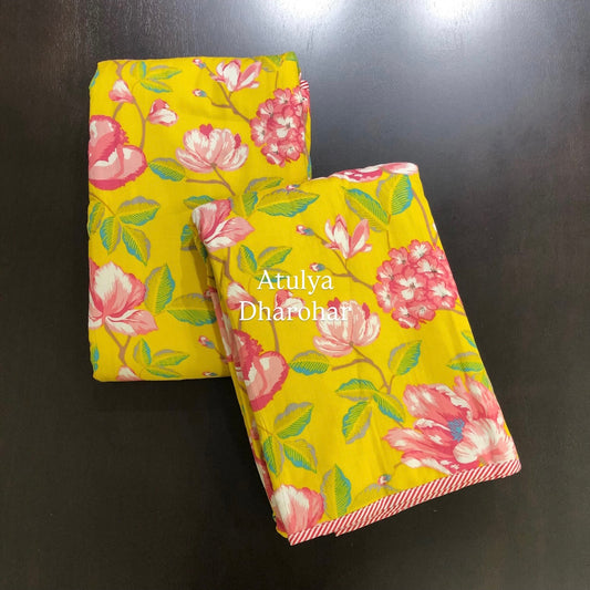 Yellow and Pink Floral Mulmul Single Dohar Pair