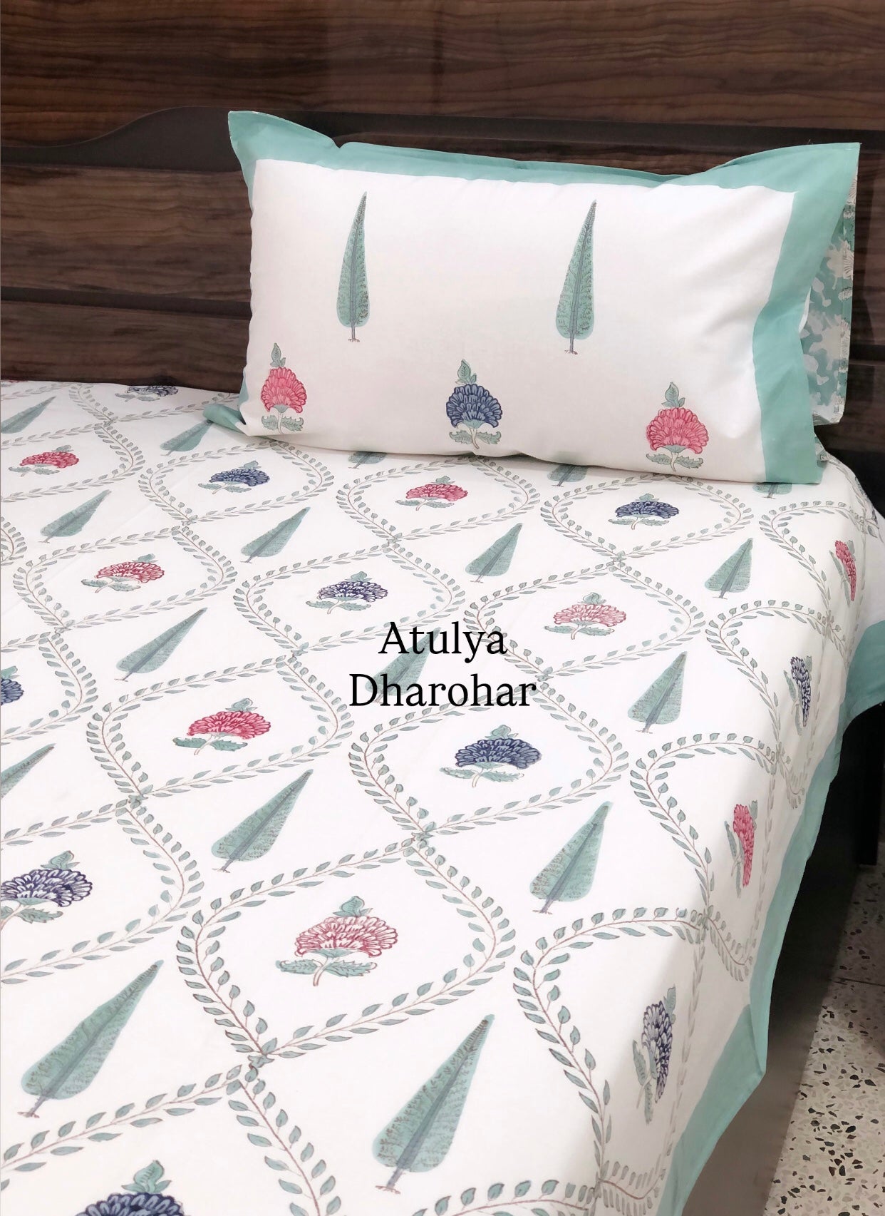 Multicolour Floral Mughal Jaal Hand Block Super King Bedsheet