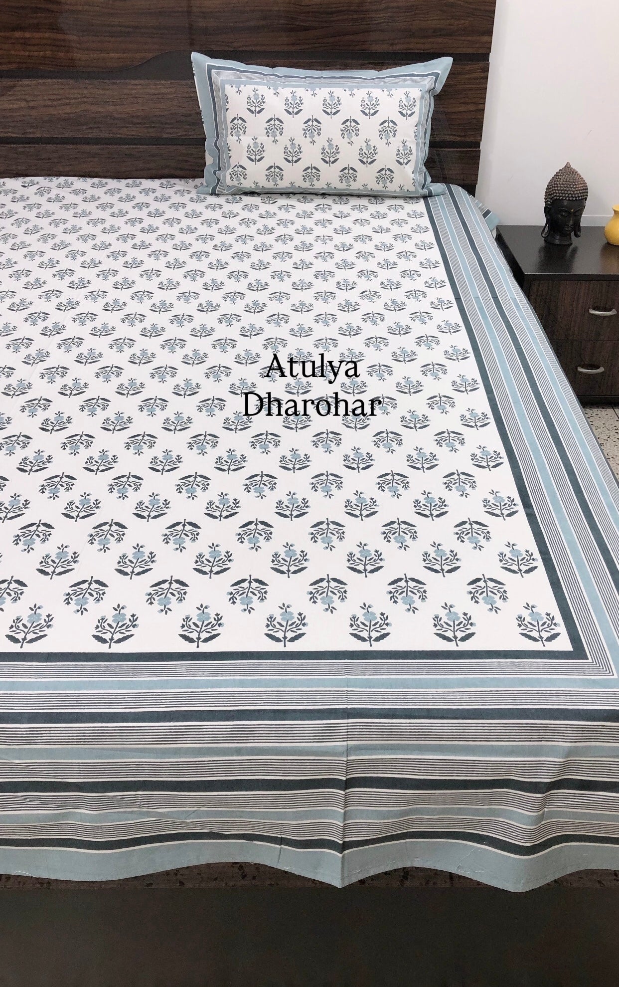 Grey Floral Motifs Cotton King Size Bedsheet