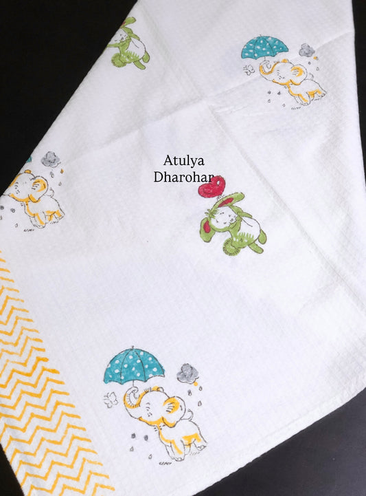 Elephant and Bunny Hand Block Printed Waffle Cotton Kids Towel