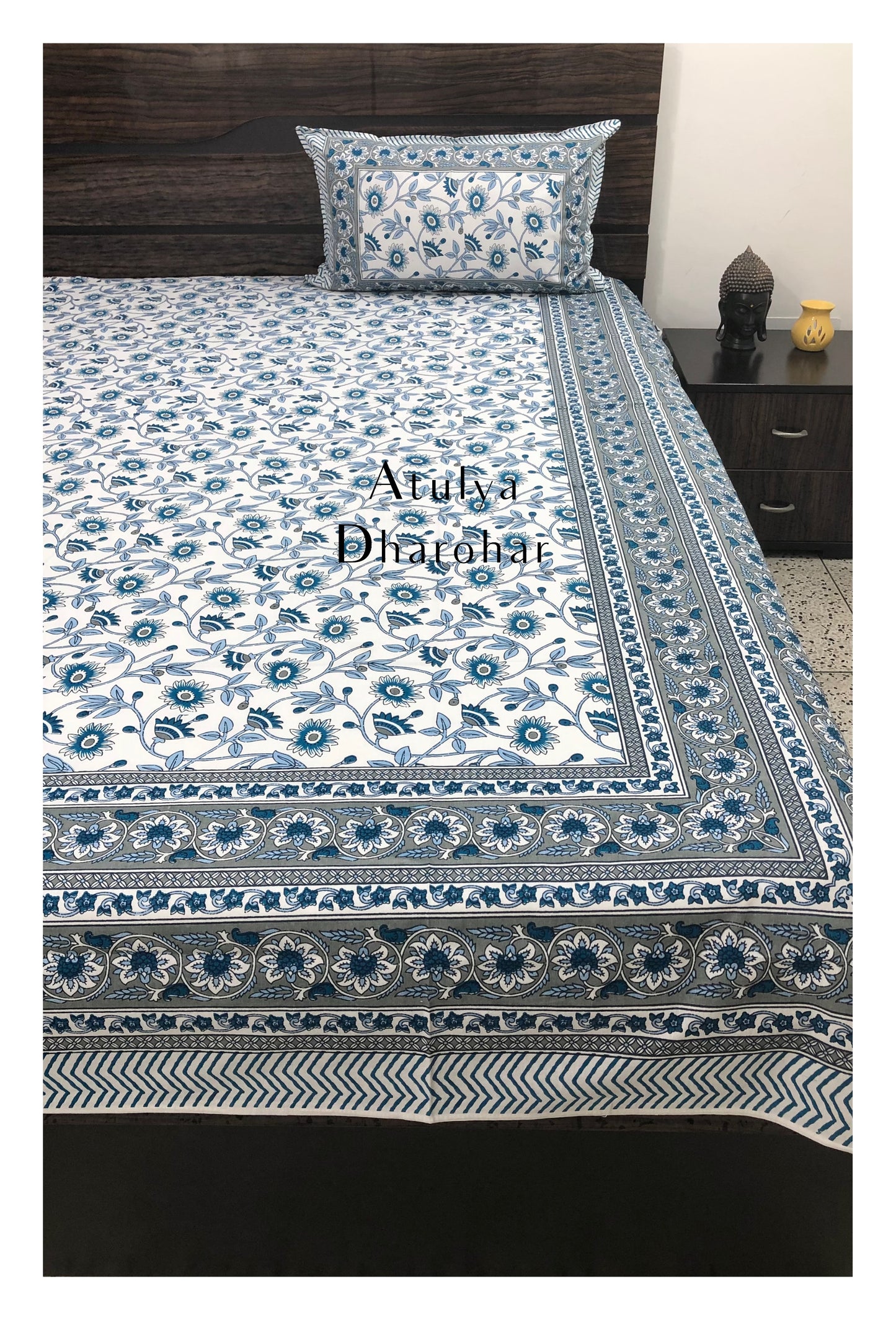 Blue and Grey Floral Jaal Cotton Bedsheet