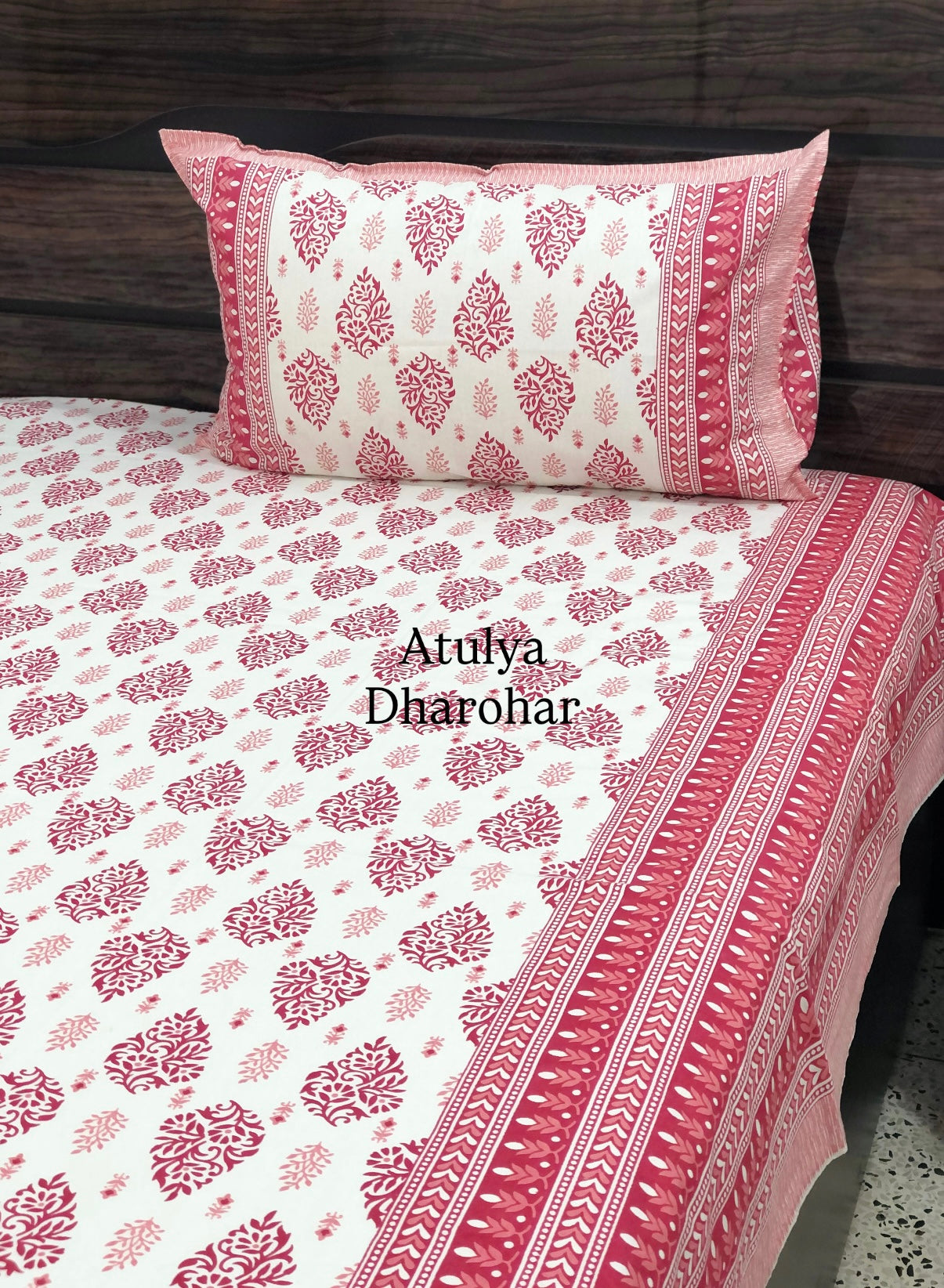 Pink Mughal Motifs Cotton King Size Bedsheet