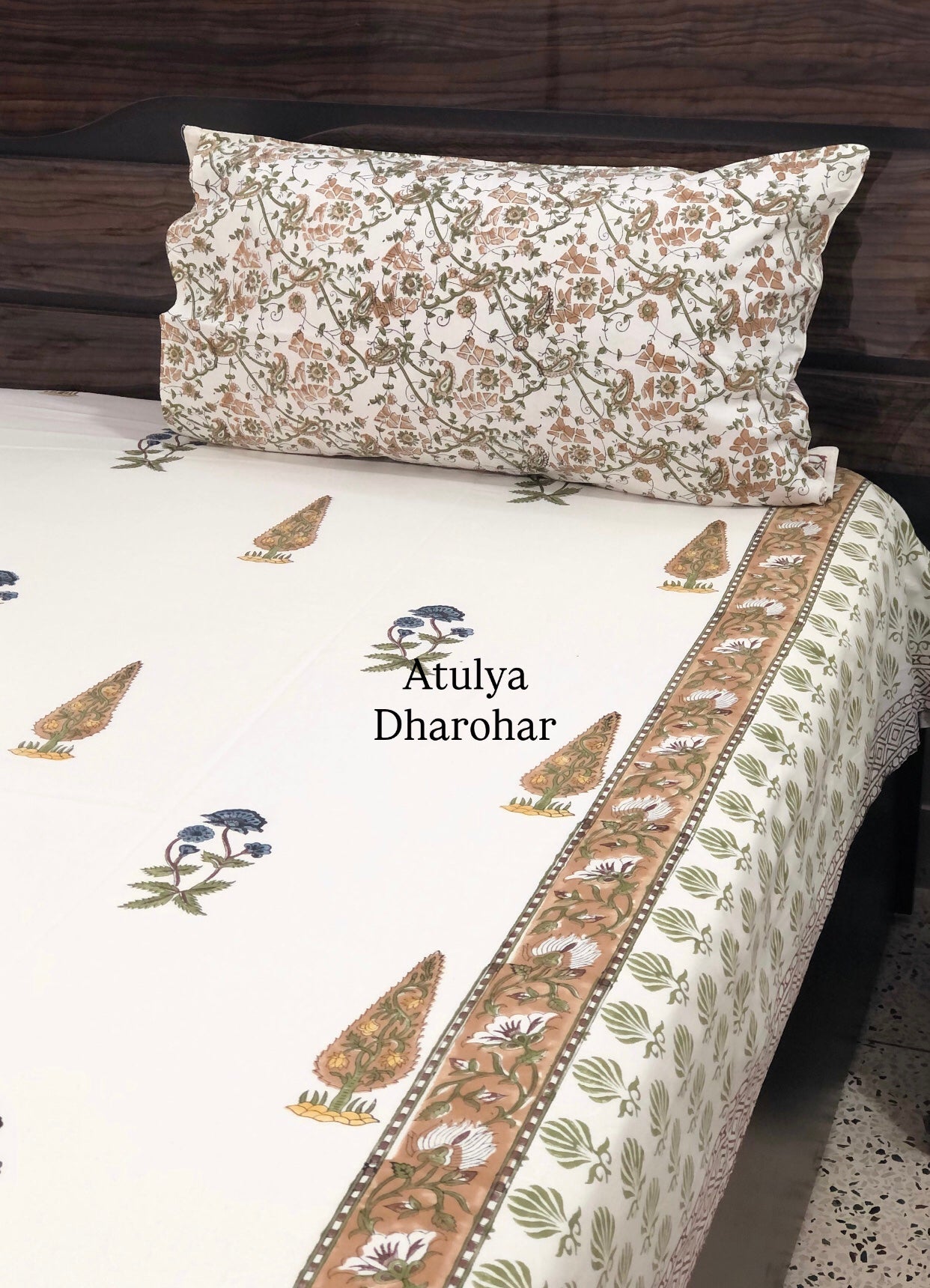 Blue and Brown Floral Cotton Hand Block Bedsheet
