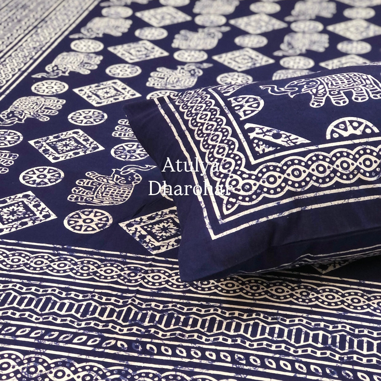 Indigo Elephant Motifs Cotton Single Bedsheet