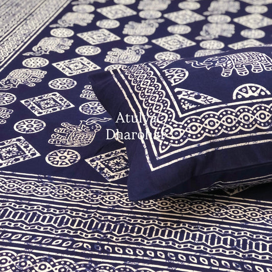 Indigo Elephant Motifs Cotton Single Bedsheet