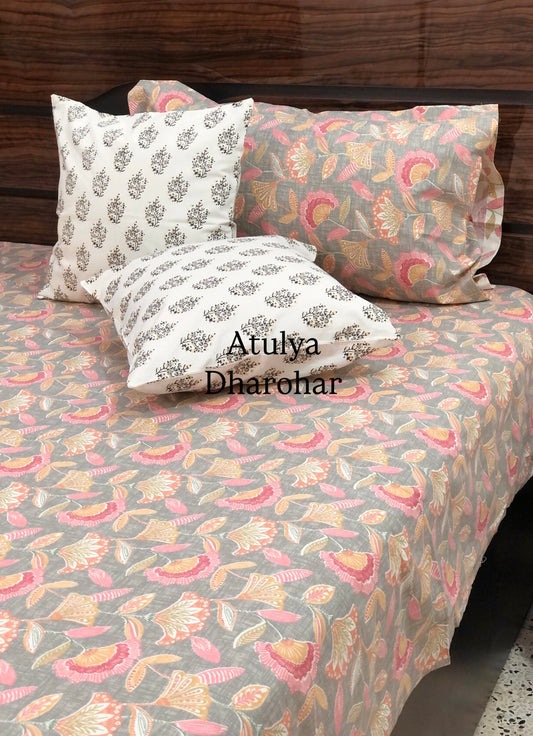 Grey & Pink Floral Jaal Cotton King Size Bedsheet