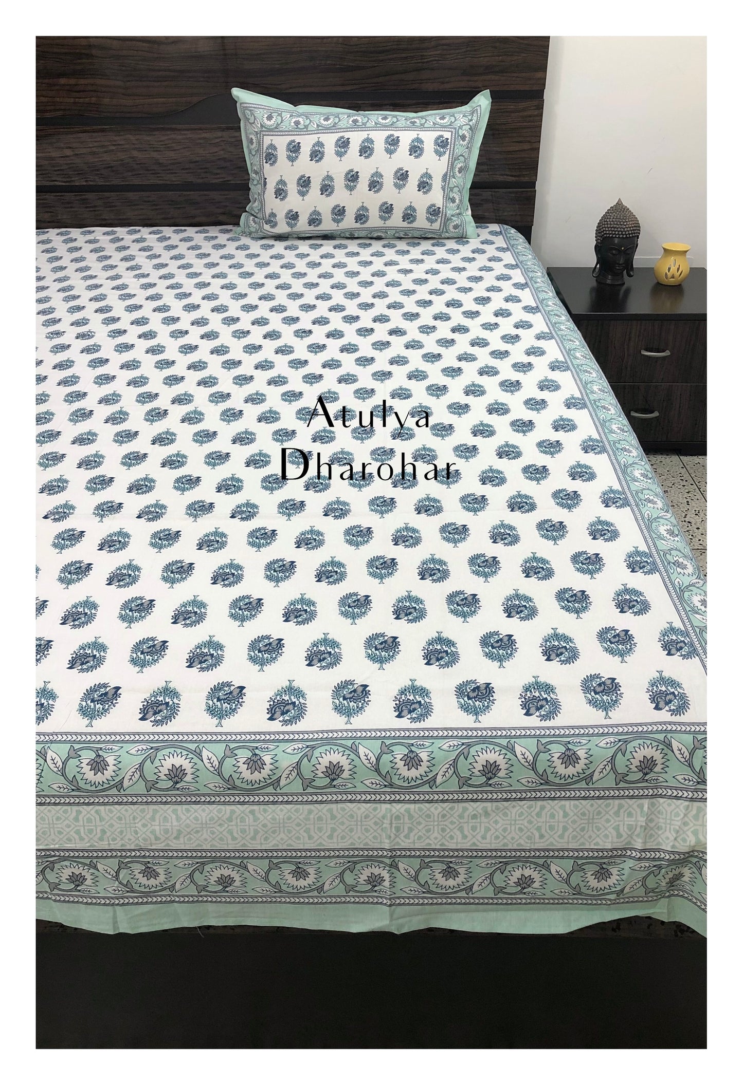 Blue Floral Motifs Cotton King Size Bedsheet