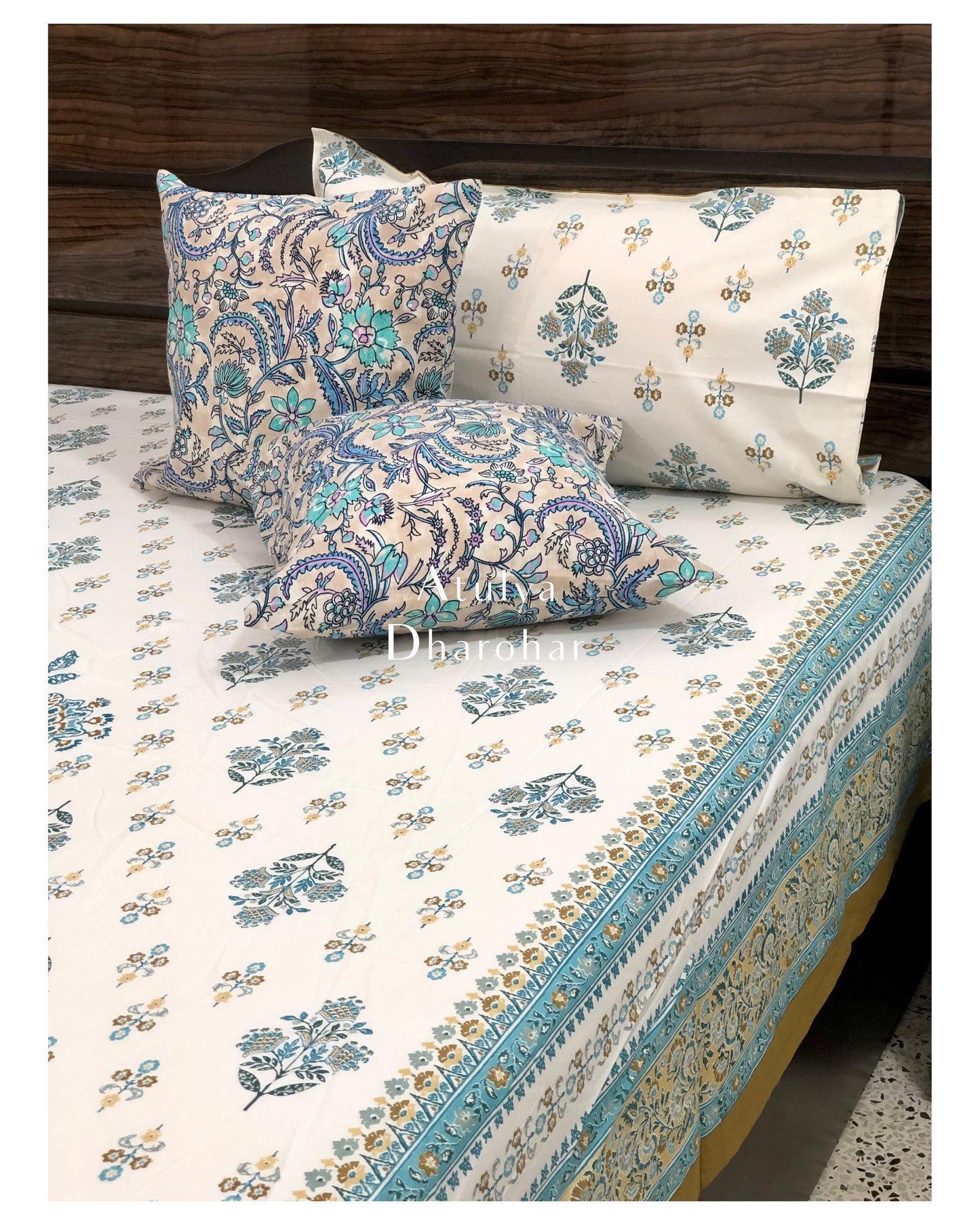 Teal Floral Mandala Bedsheet