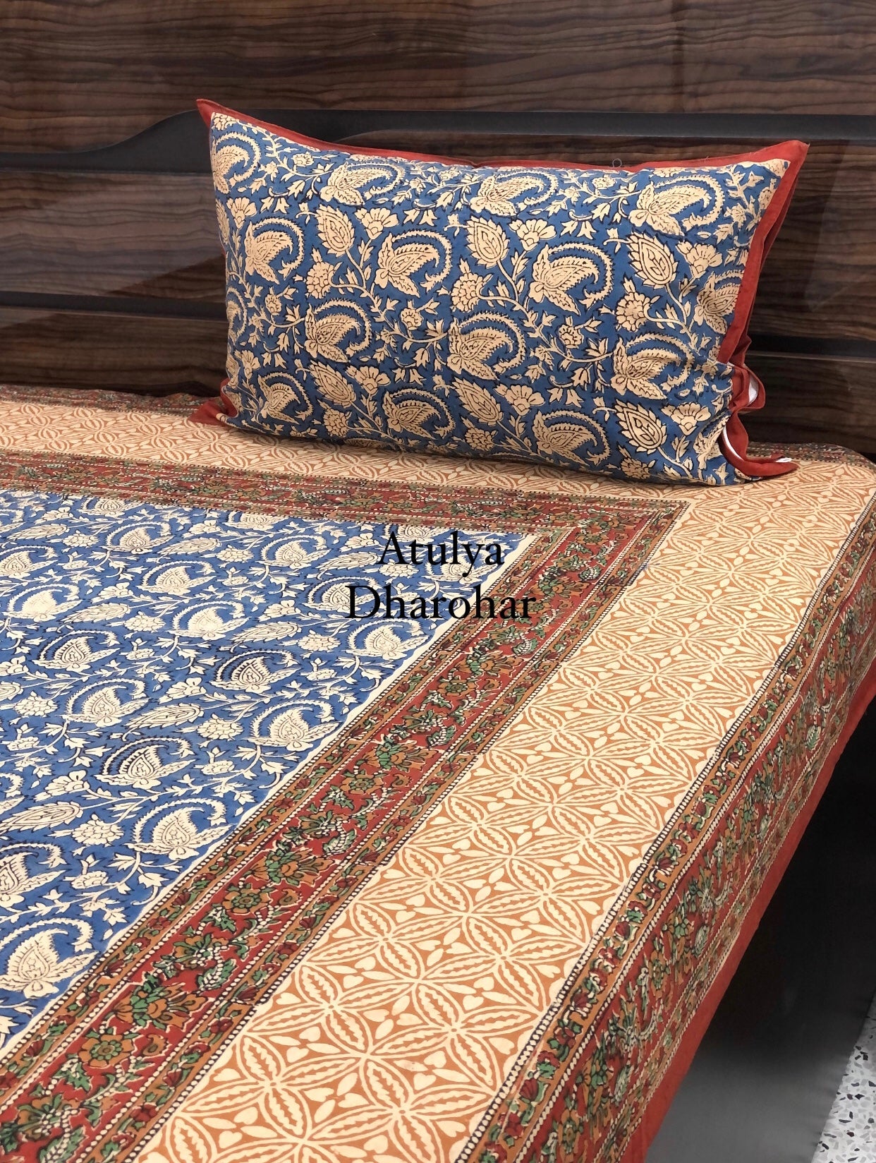 Indigo Kalamkari Hand Block Printed Single Bedsheet