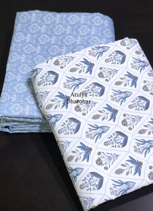 Blue Floral Motifs Cambric Cotton Single Dohar Pair
