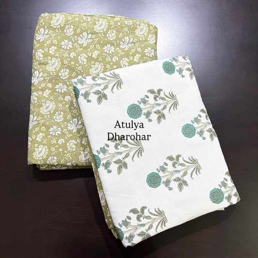 Green Floral Motifs Cambric Cotton Single Dohar Pair