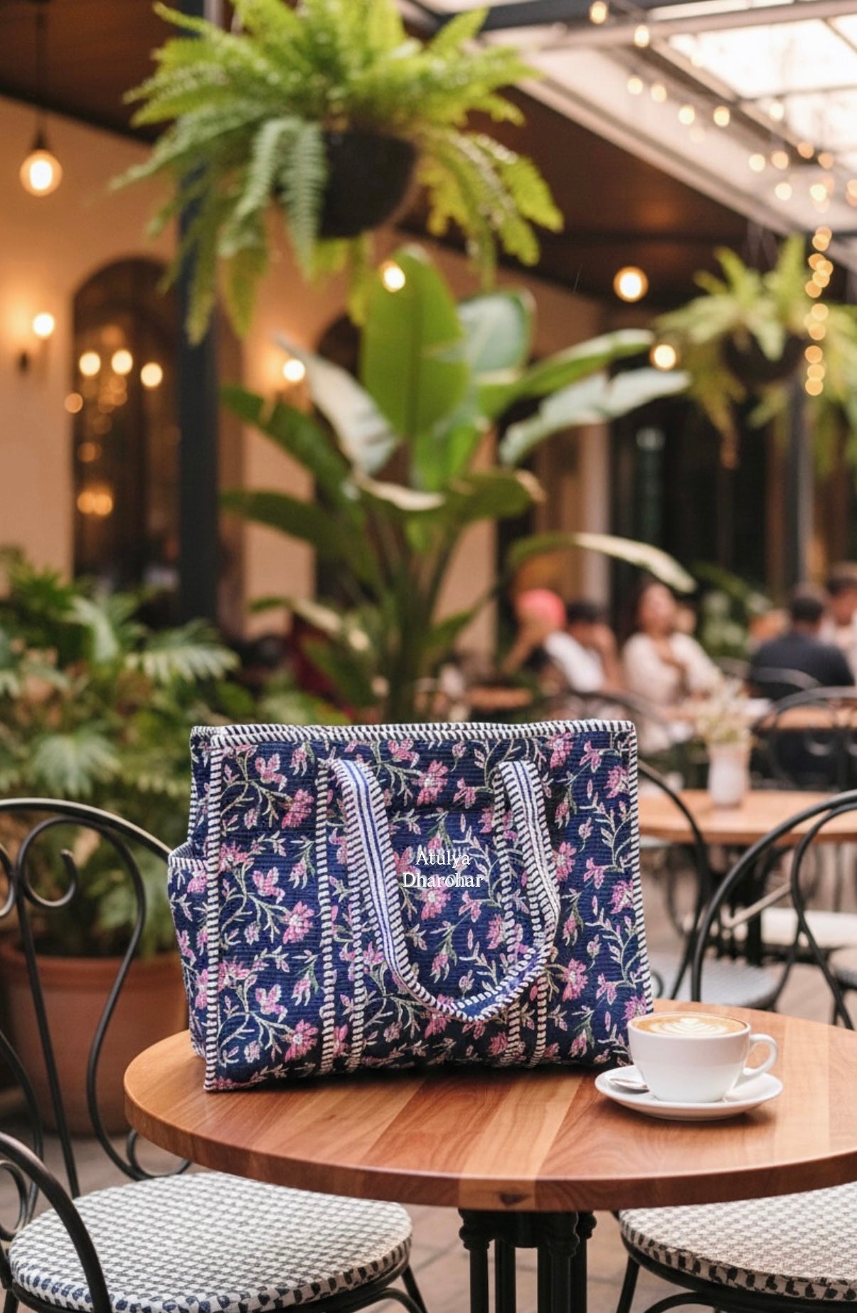 Blue and Pink Floral Medium Tote Bag with Zip
