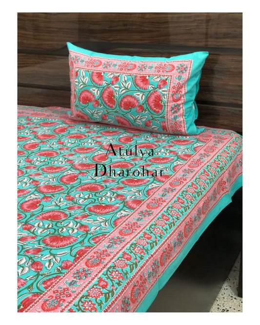 Teal and Pink Lotus Motifs Single Bedsheet
