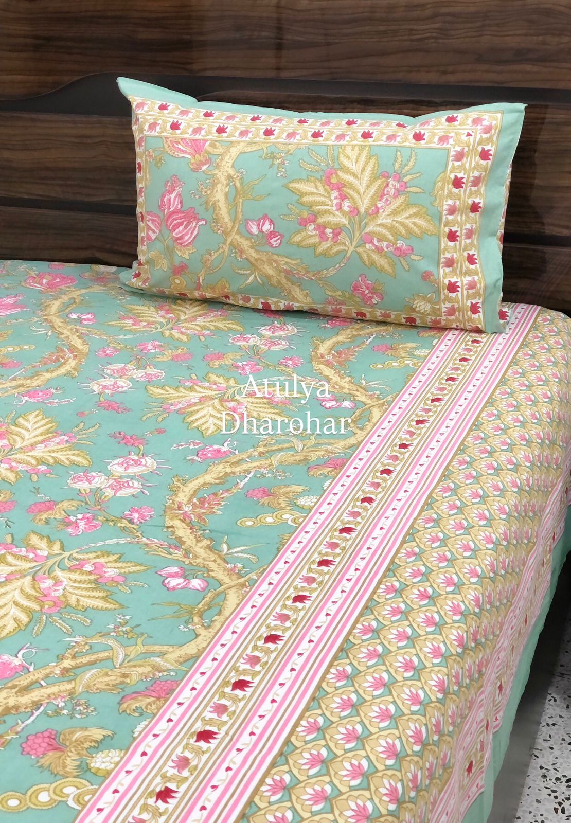 Turquoise and Pink Floral Jaal Cotton Super King Bedsheet