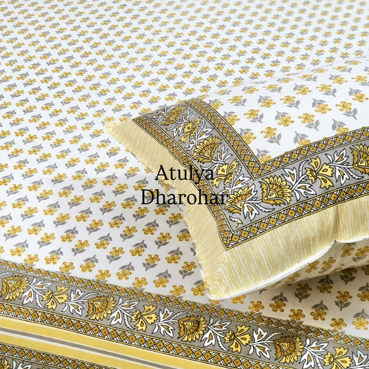 Yellow Floral Motifs Cotton King Size Bedsheet