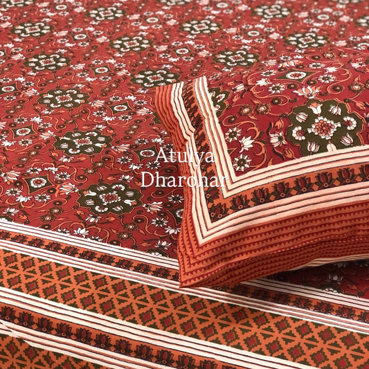 Maroon and Green Cotton Kalamkari King Size Bedsheet