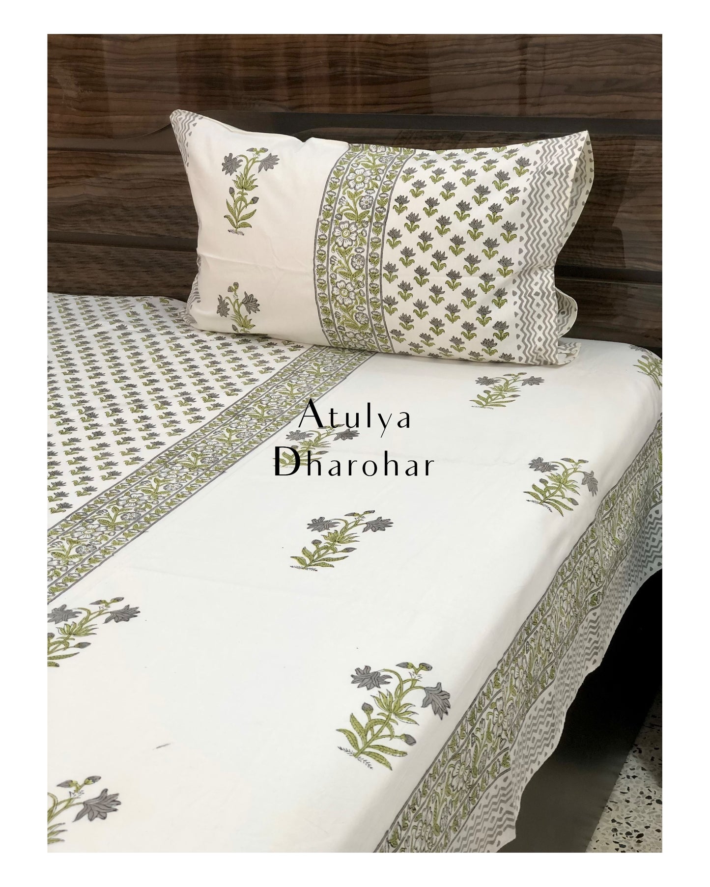 Designer Green Mughal Motifs Hand Block Bedsheet