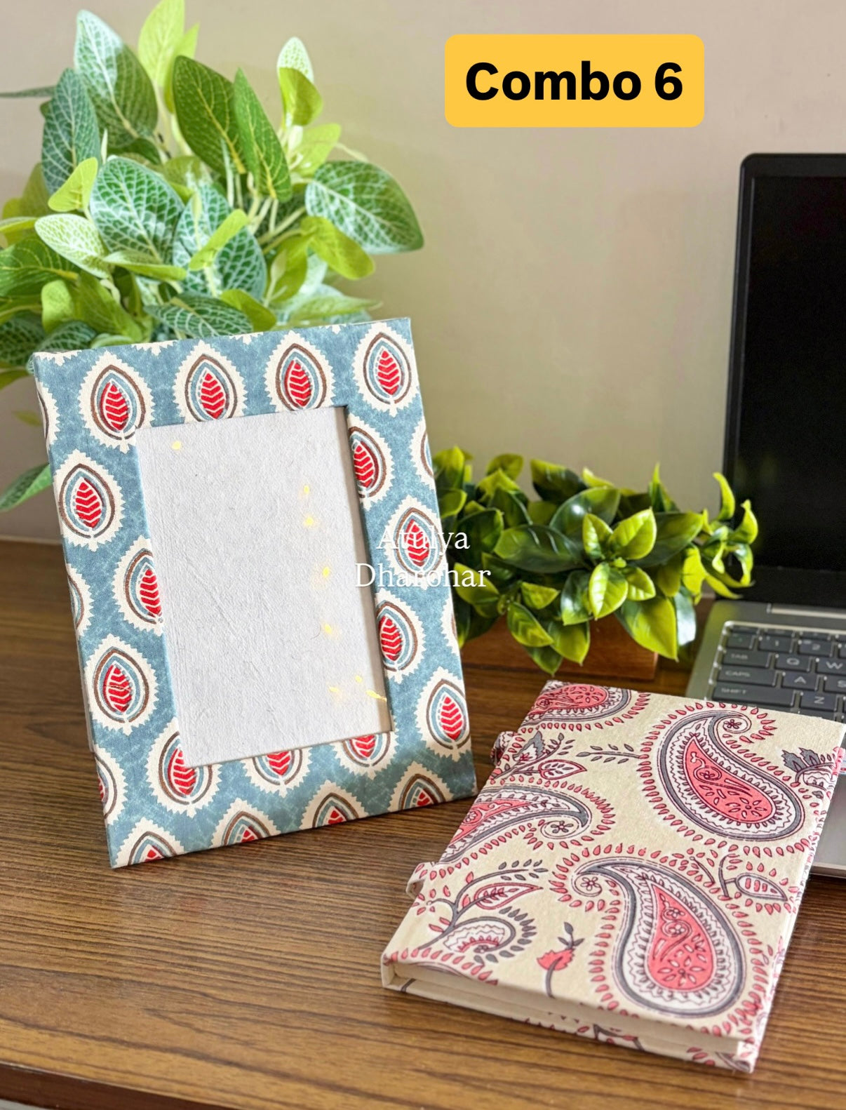 Block Print Handmade Paper Photo Frame and Journal Combo