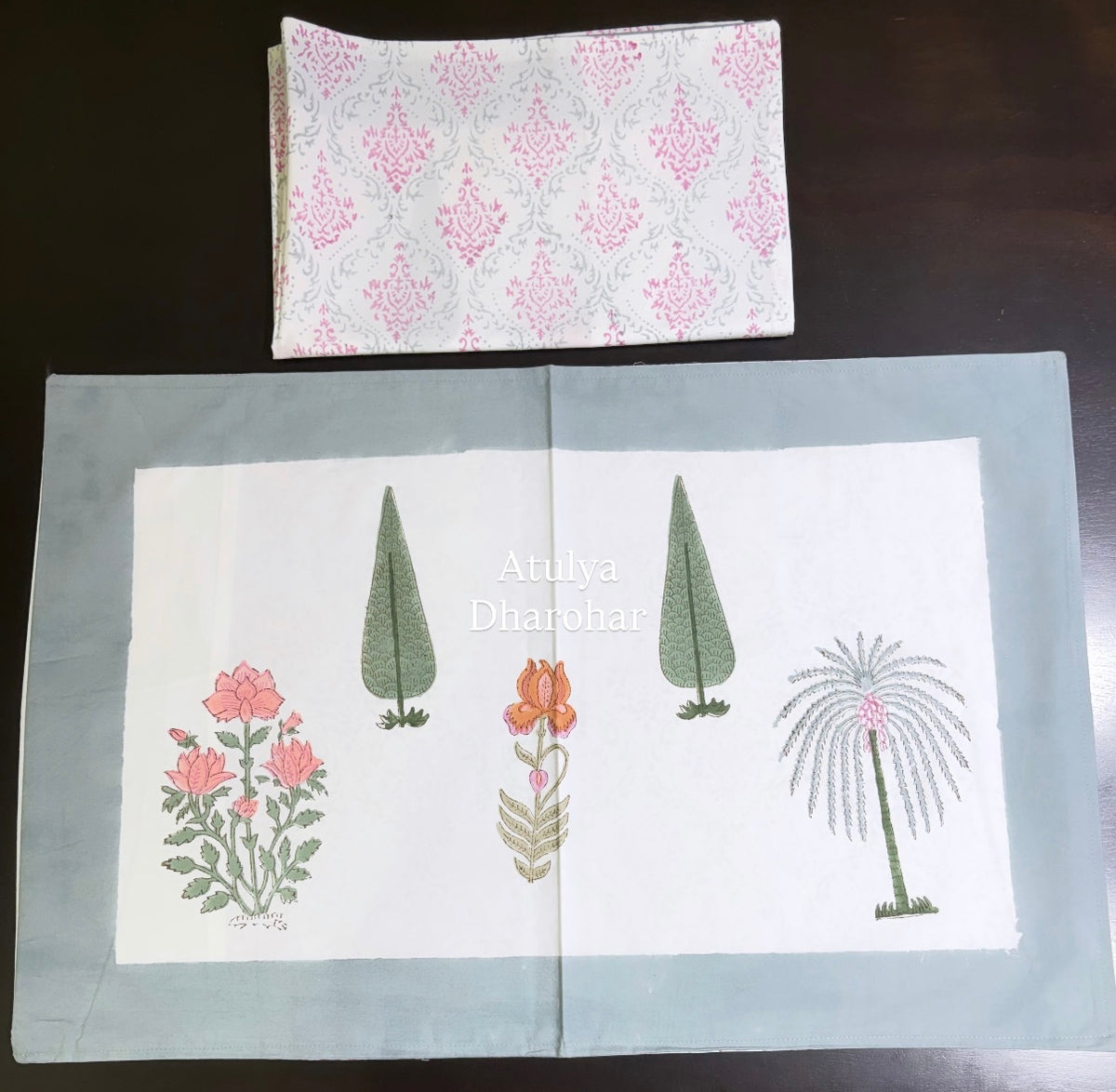 Pink and Orange Floral Motifs Percale Cotton Hand Block Printed Super King Bedsheet