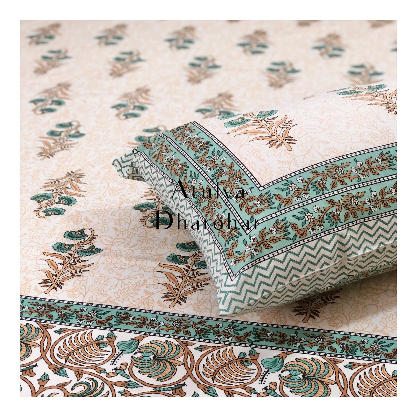 Turquoise Green Mughal Motifs Bedsheet