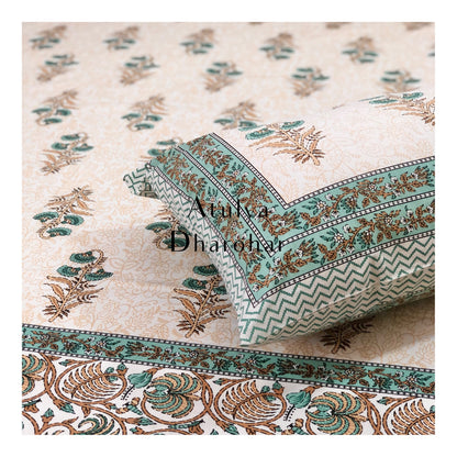 Turquoise Green Mughal Motifs Bedsheet