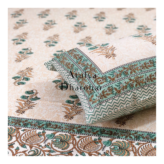 Turquoise Green Mughal Motifs Bedsheet
