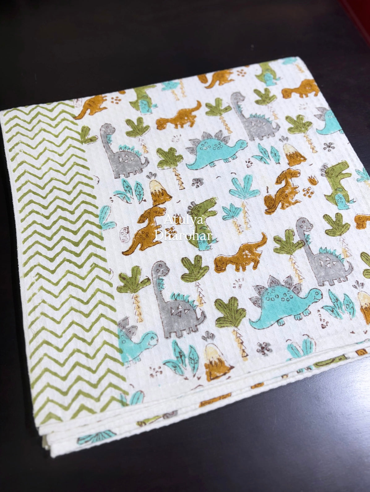 Multicolour Dino Hand Block Printed Waffle Cotton Kids Towel