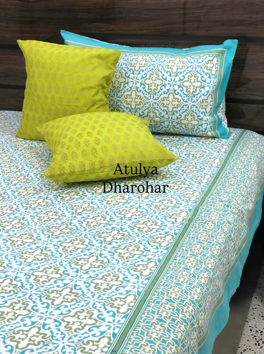 Turquoise and Green Mughal Jaal Cotton King Size Bedsheet