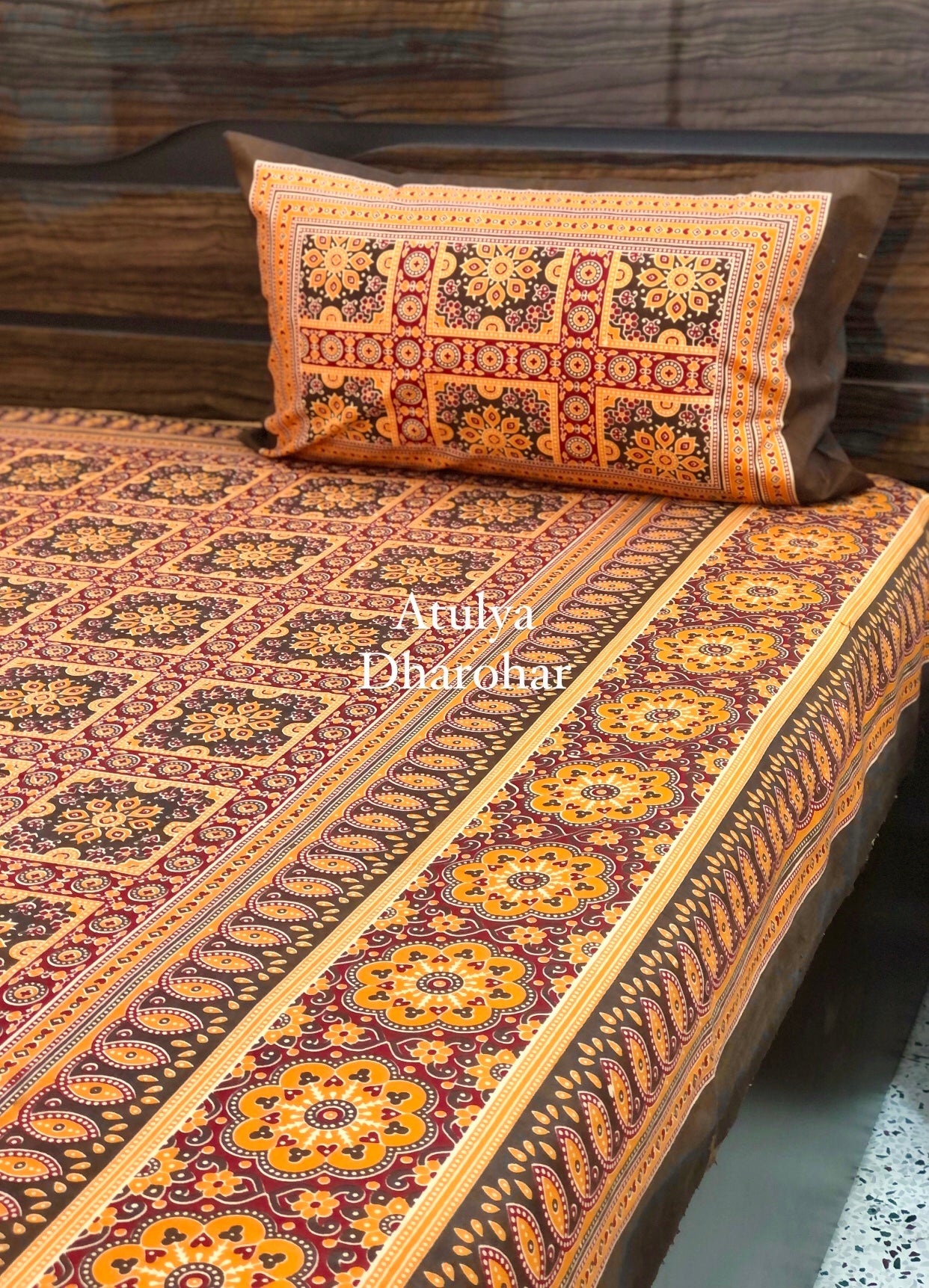 Brown Ajrakh Cotton Bedsheet