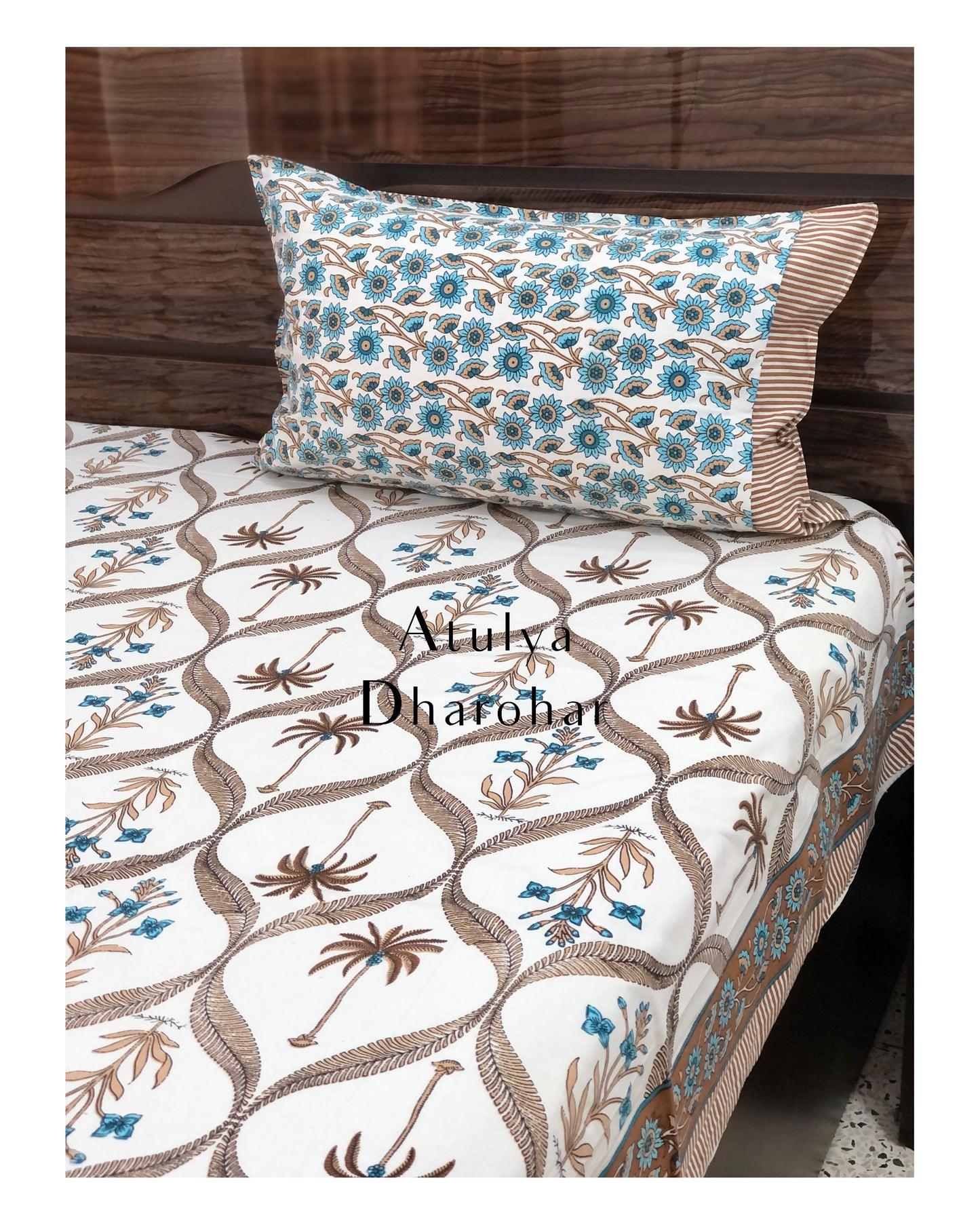 Brown and Blue Mughal Motifs Bedsheet