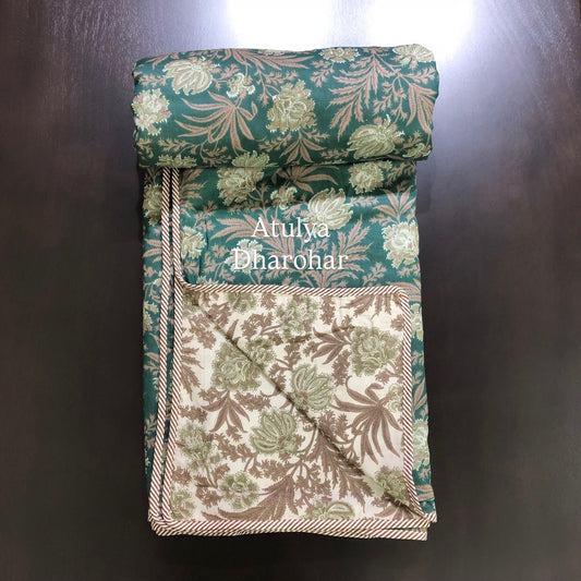 Green and Brown Floral Mulmul Double Bed Dohar