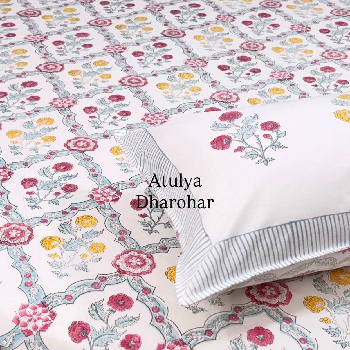 Multicolour Floral Mughal Jaal Hand Block Super King Cotton Bedsheet