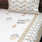 Teal and Golden Brown Floral Motifs Percale Cotton Hand Block Super King Bedsheet