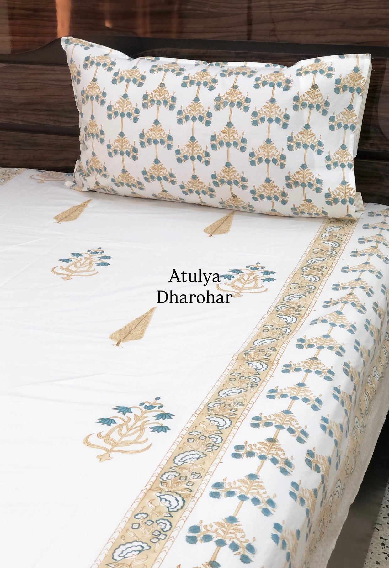Teal and Golden Brown Floral Motifs Percale Cotton Hand Block Super King Bedsheet