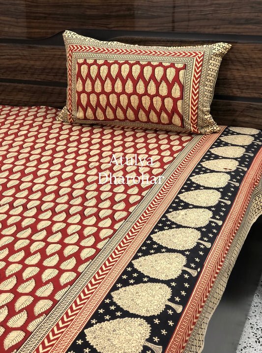 Maroon and Black Kalamkari King Size Bedsheet