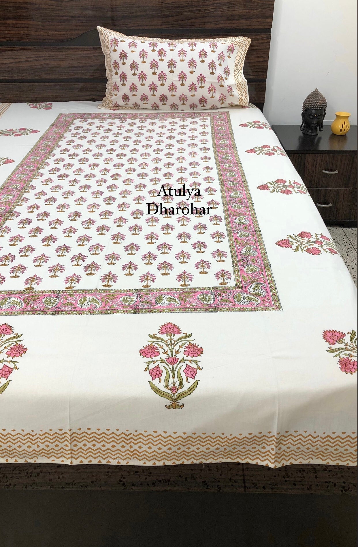 Pink Palm Tree Motifs Hand Block Printed Single Bedsheet