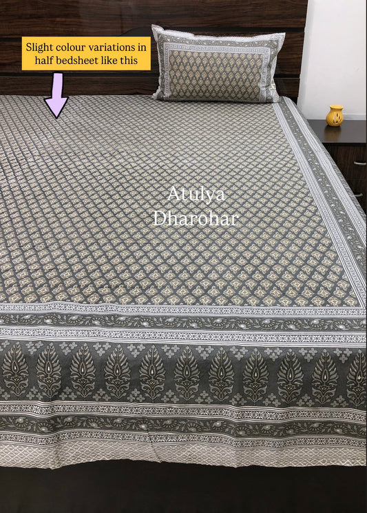 Grey Floral Motifs Cotton Super King Bedsheet