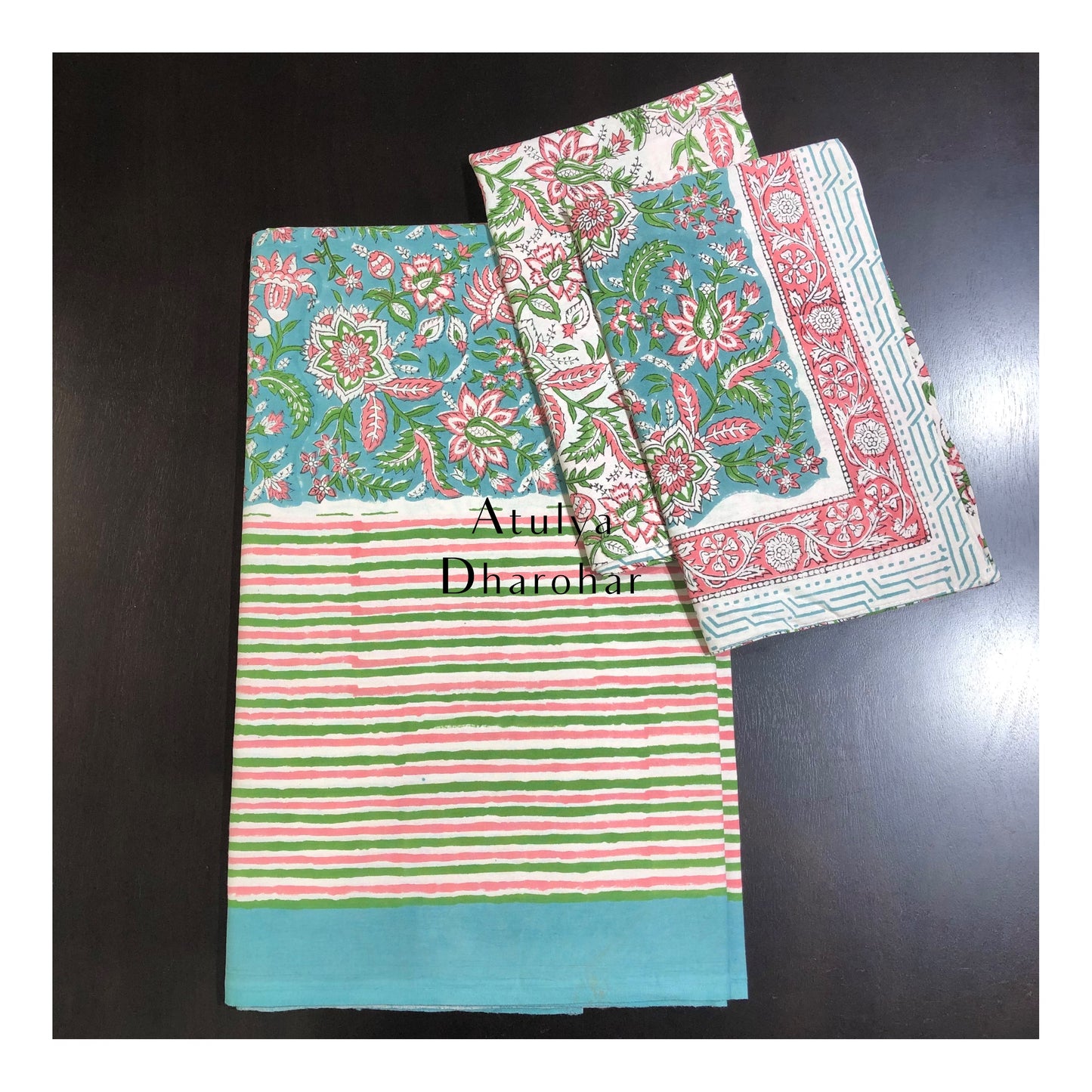 Turquoise Floral Jaal Hand Block Bedsheet