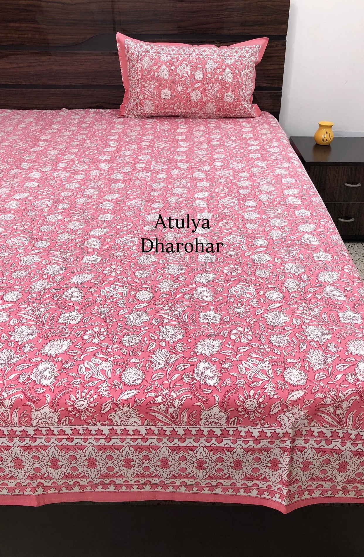 Pink Floral Cotton Super King Bedsheet