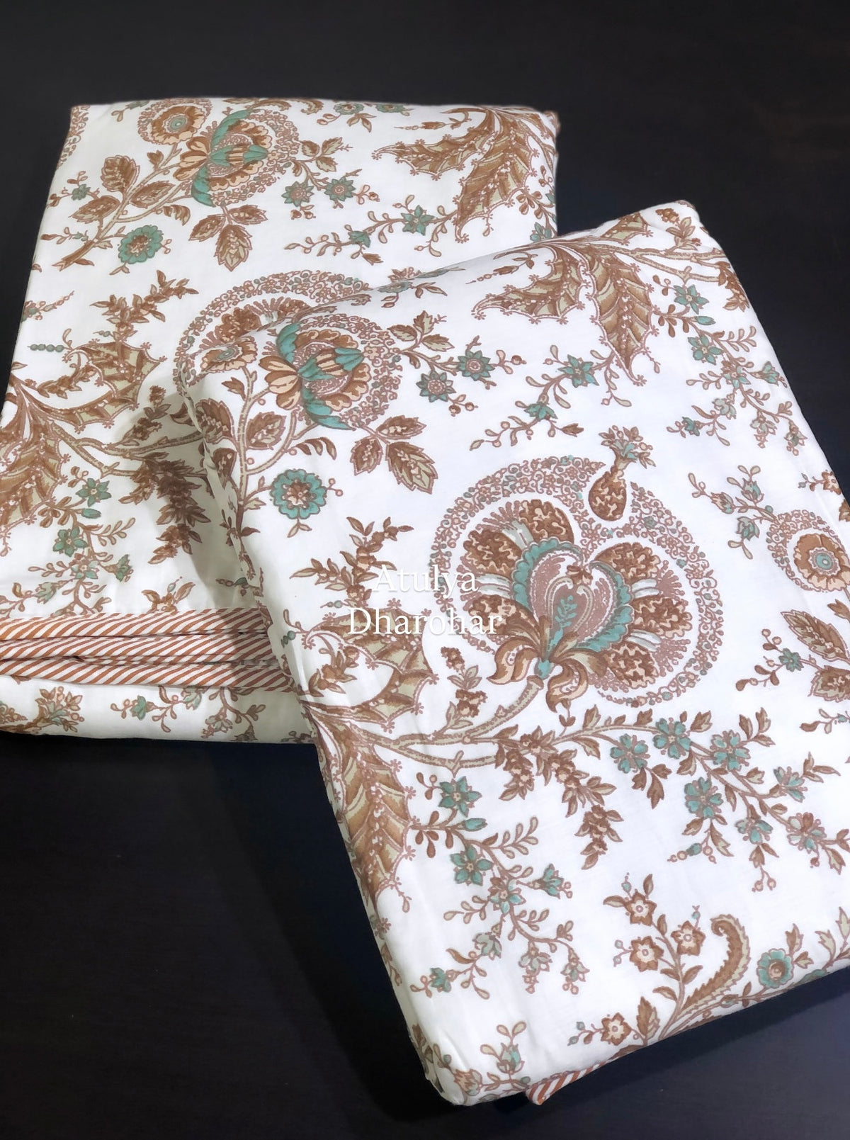 Brown and Teal Floral Jaal Mulmul Single Dohar Pair